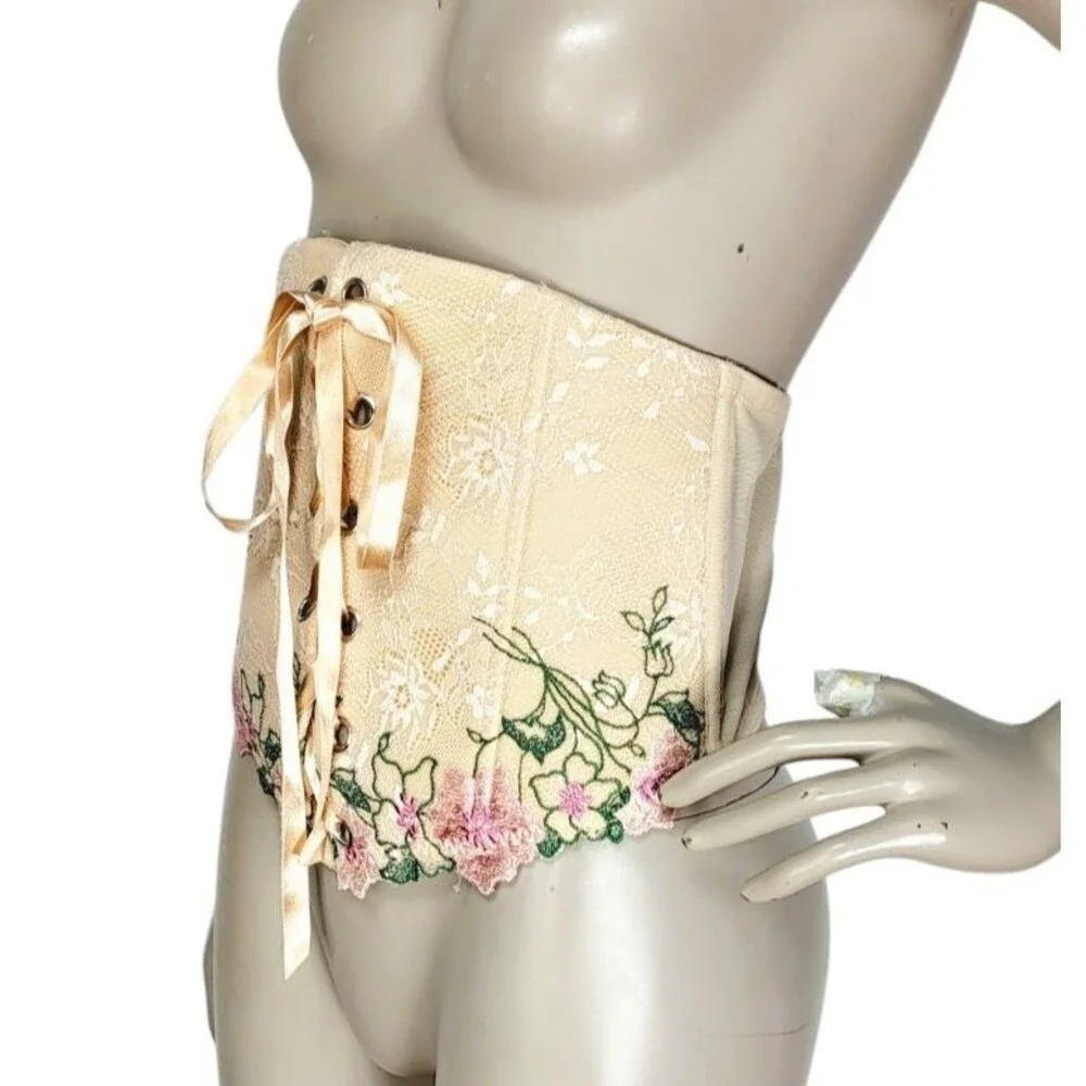 Cacique Renaissance Romantic Floral Lace Ribbon Lace-Up Waist Corset Belt 14/16